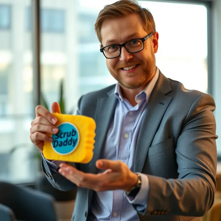 Aaron Krause presenting the Scrub Daddy sponge in a business setting