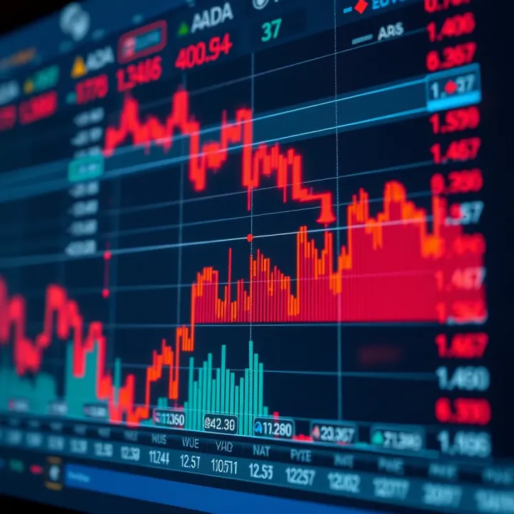 Graph showing upward and downward trends in ADA cryptocurrency prices with technical indicators