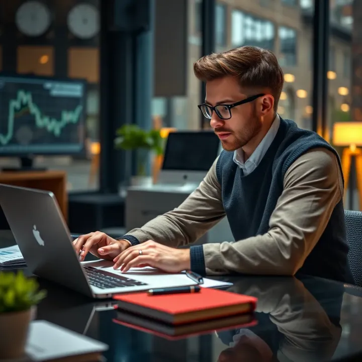 Illustration of a dynamic entrepreneur working on digital marketing strategies using a laptop and data charts