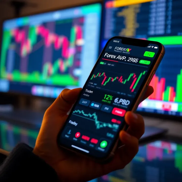 Mobile phone screen displaying forex trading app interface with currency charts and trading options