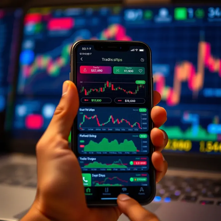 Smartphone displaying various trading app interfaces with stock charts and market data