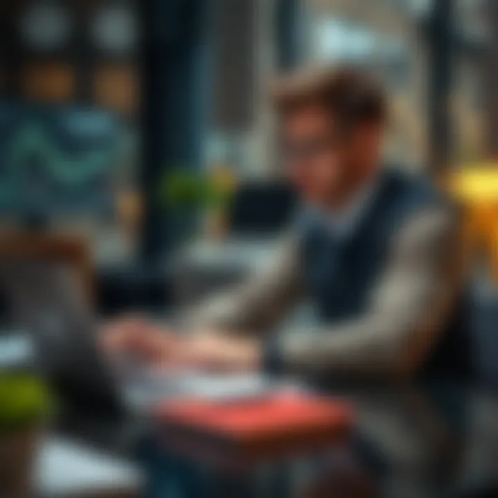 Illustration of a dynamic entrepreneur working on digital marketing strategies using a laptop and data charts