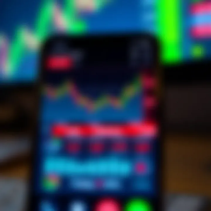 Close-up view of a modern smartphone displaying live stock market charts and trading app interface