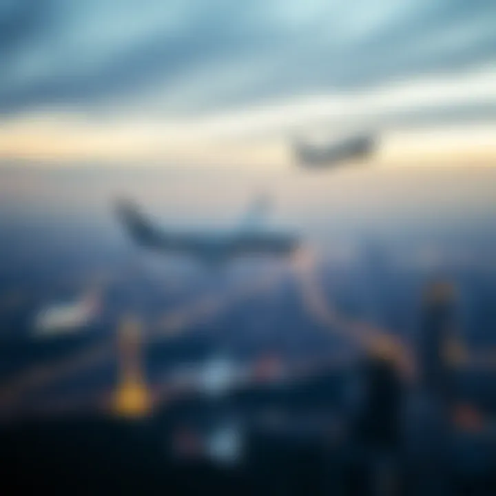 Commercial aircraft flying over a city skyline highlighting global aerospace competition