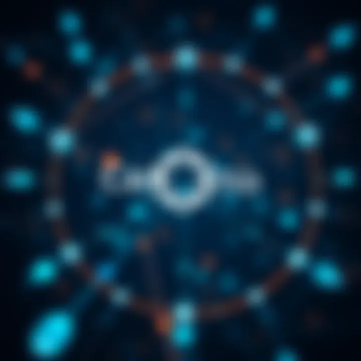 Cardano Blockchain Network and Technological Infrastructure Visualization of blockchain technology network nodes connected with Cardano logo in center