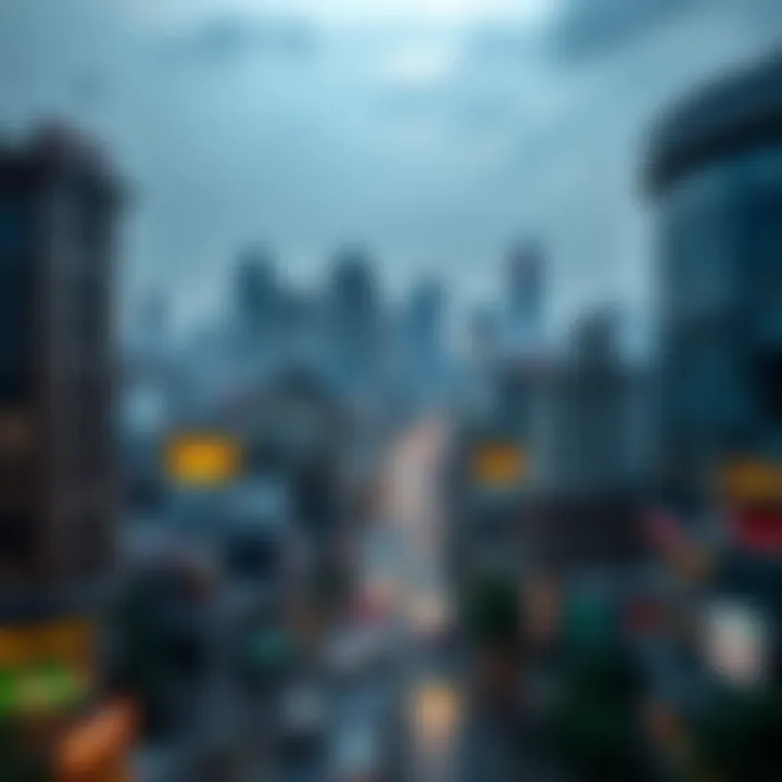 Urban Commerce Hubs: Indian City Skylines Driving Economic Growth A panoramic view of a bustling Indian city skyline showcasing prominent commercial buildings and trade centres at dusk