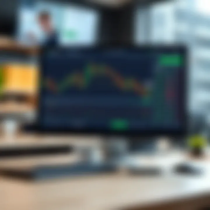 Computer screen displaying a demo trading platform interface with charts and virtual portfolio