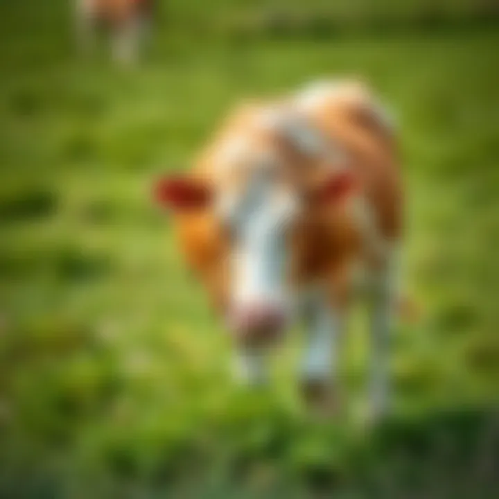 Healthy dairy cow grazing in green pasture indicating good livestock health management