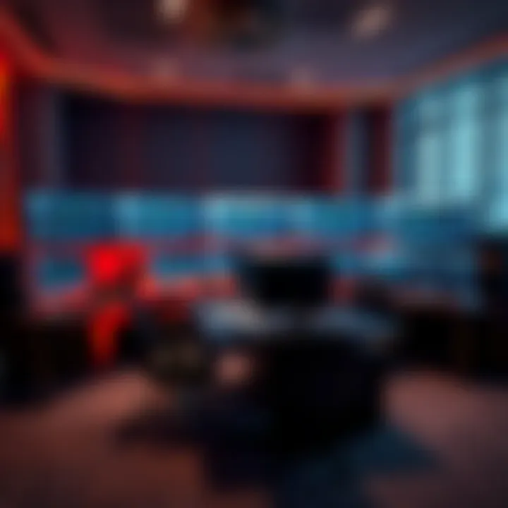 Modern trading room layout showcasing multiple monitors on a spacious desk with ergonomic chair and ambient lighting