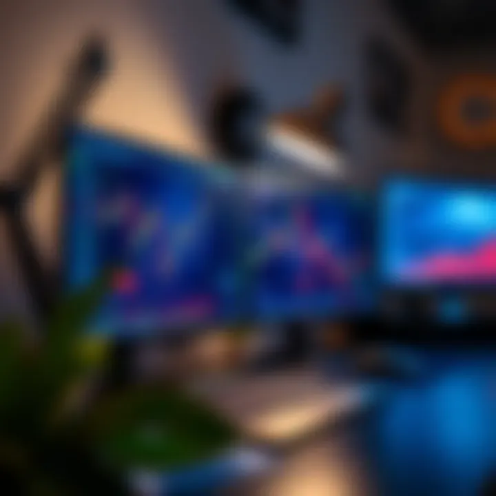 Advanced Trading Software and Ergonomic Lighting for Enhanced Focus Close-up of advanced trading software interface displayed on a widescreen monitor with sleek keyboard and adjustable desk lamp