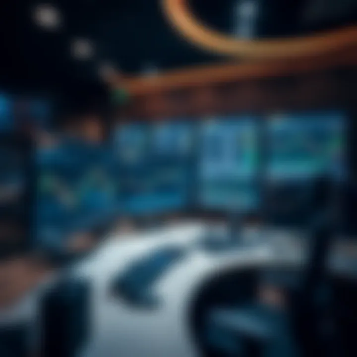 Luxury trading desk with multiple monitors displaying forex charts and global currency data