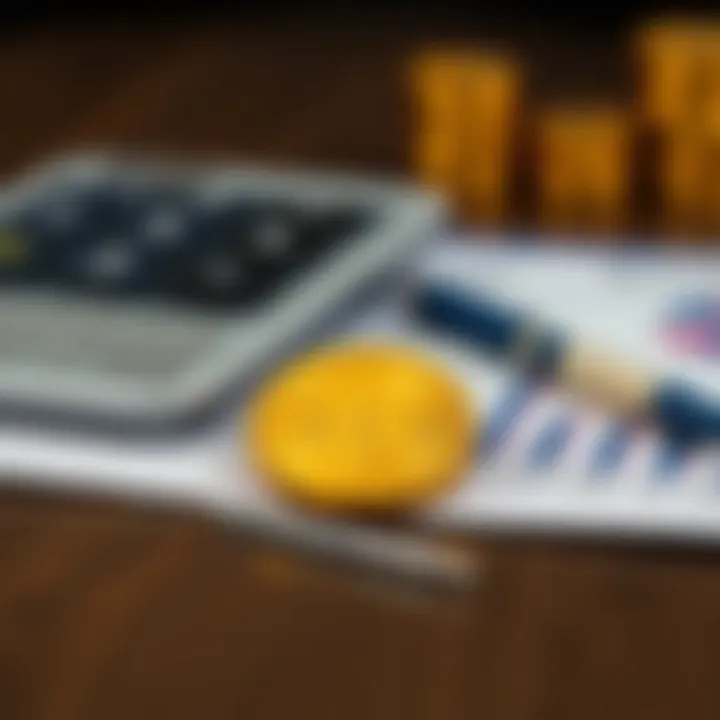 Strategic Investment Planning for Gold in Changing Economic Conditions Close-up of a gold coin on a reflective surface beside a calculator and investment documents illustrating financial planning for gold investments