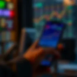 User Interface of Low-Cost Trading Applications Mobile phone displaying a trading app interface with stock charts and investment options