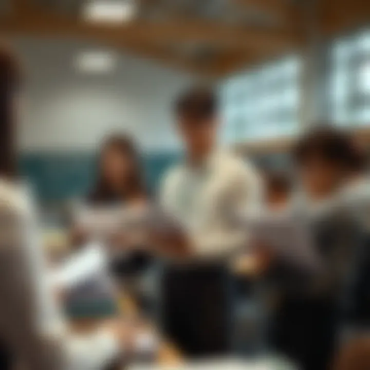 Coordinating Academic Event Activities Teacher coordinating with students using materials and schedules for an academic event
