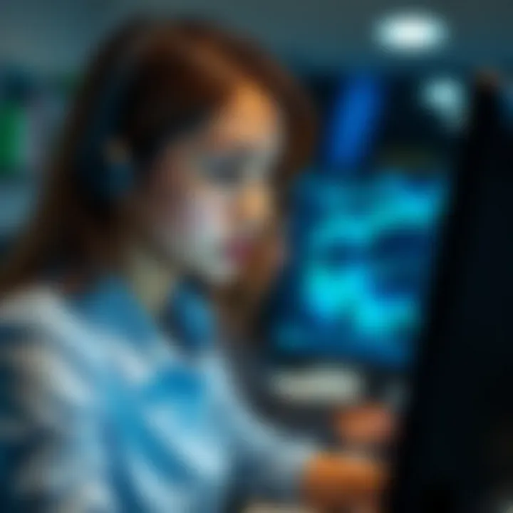 Customer service representative providing online support via headset