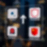 Graphic displaying troubleshooting icons for unblocking a Quotex account with upward arrow and shield