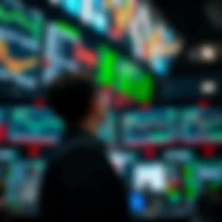 A modern stock market trading floor with digital screens displaying financial data and charts