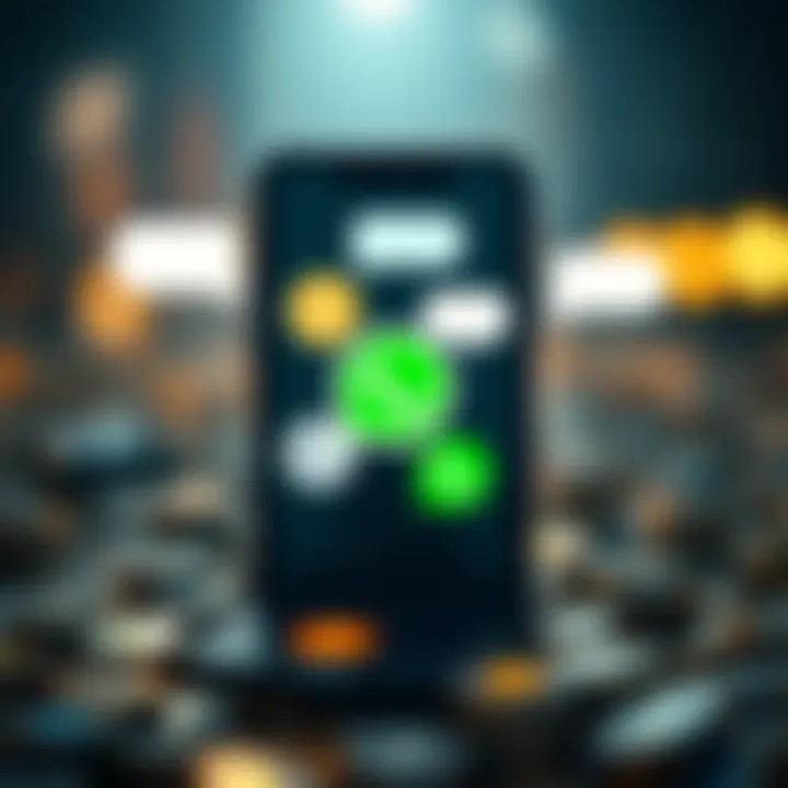 Digital illustration showing a smartphone screen with cryptocurrency icons and chat bubbles symbolizing a WhatsApp group discussing crypto trading