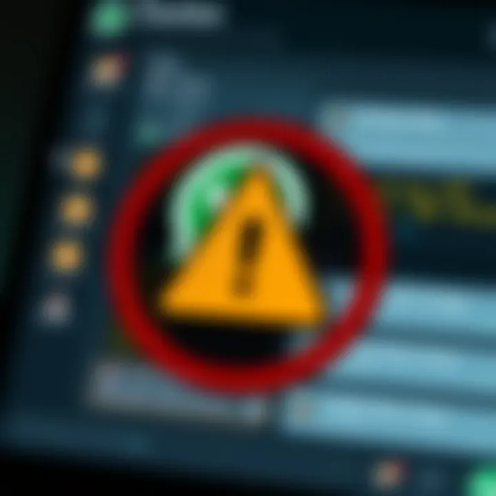 Risks and Best Safety Practices in Crypto WhatsApp Groups Graphic depicting a caution sign over a WhatsApp chat interface highlighting risks and security measures in cryptocurrency discussion groups