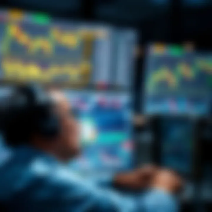 Trader analyzing financial charts on multiple screens during a demo trading session