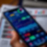 Smartphone screen displaying a simulated Indian stock market trading app interface with charts and stock prices