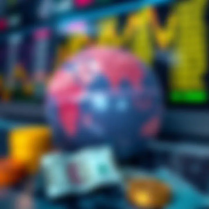 Illustration showing a digital currency exchange platform with Indian currency symbols and a globe representing global forex trading