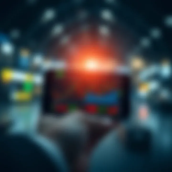 Mobile device displaying a trading application interface with charts and market data