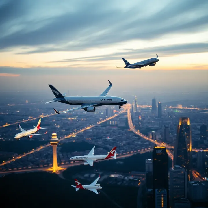 Commercial aircraft flying over a city skyline highlighting global aerospace competition