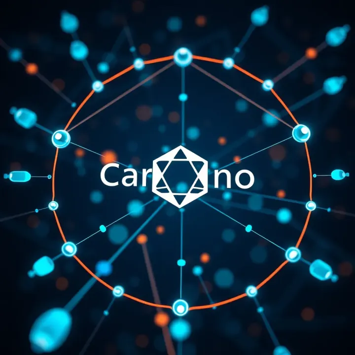 Cardano Blockchain Network and Technological Infrastructure Visualization of blockchain technology network nodes connected with Cardano logo in center