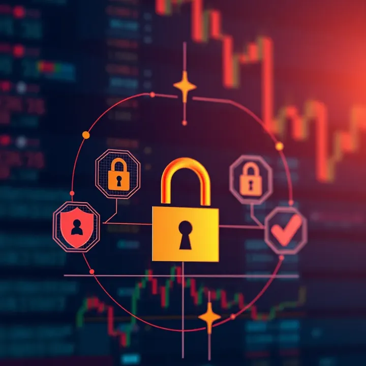 Digital security icons representing encryption and data protection for secure trading