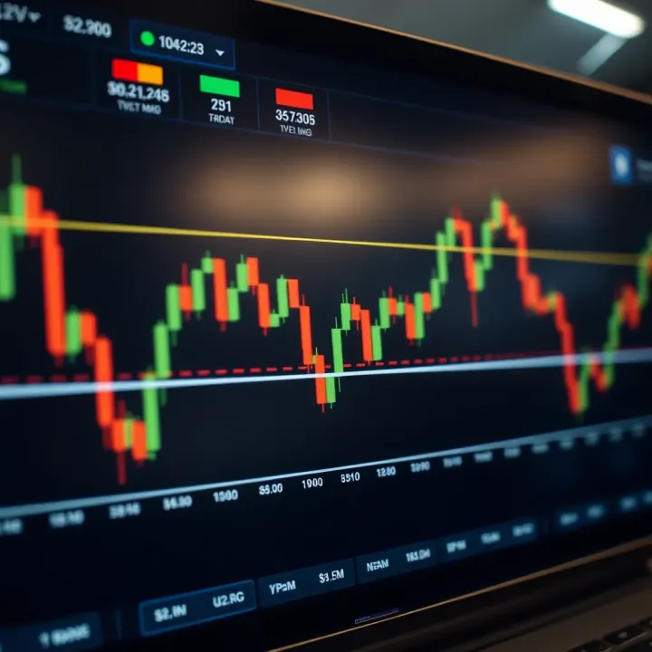 Chart displaying various trading indicators such as moving averages and oscillators on a digital trading platform