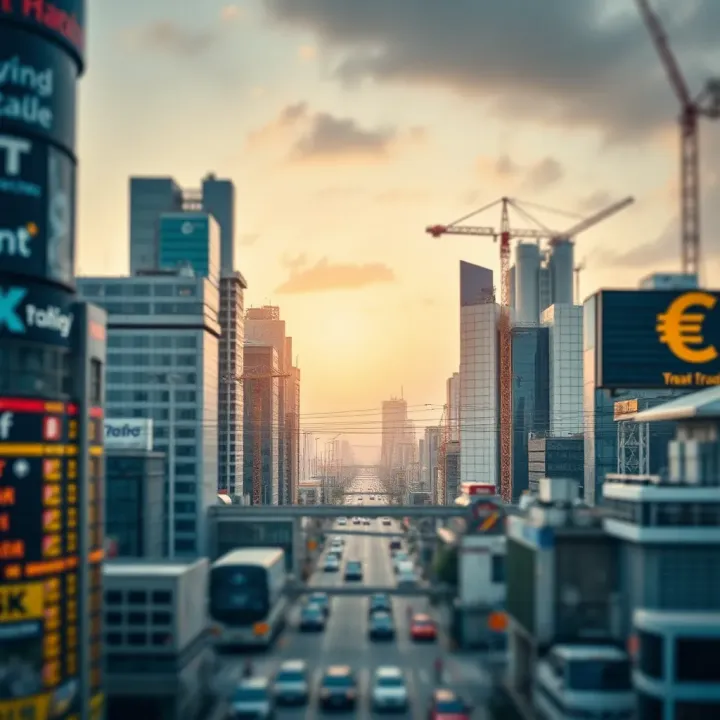 Close-up of diverse industrial sectors including technology, finance, and manufacturing represented in a modern city landscape
