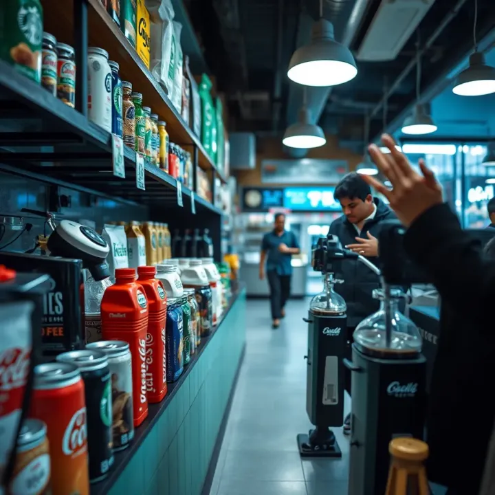 Display of various coffee brands and beverages in a bustling urban coffee shop