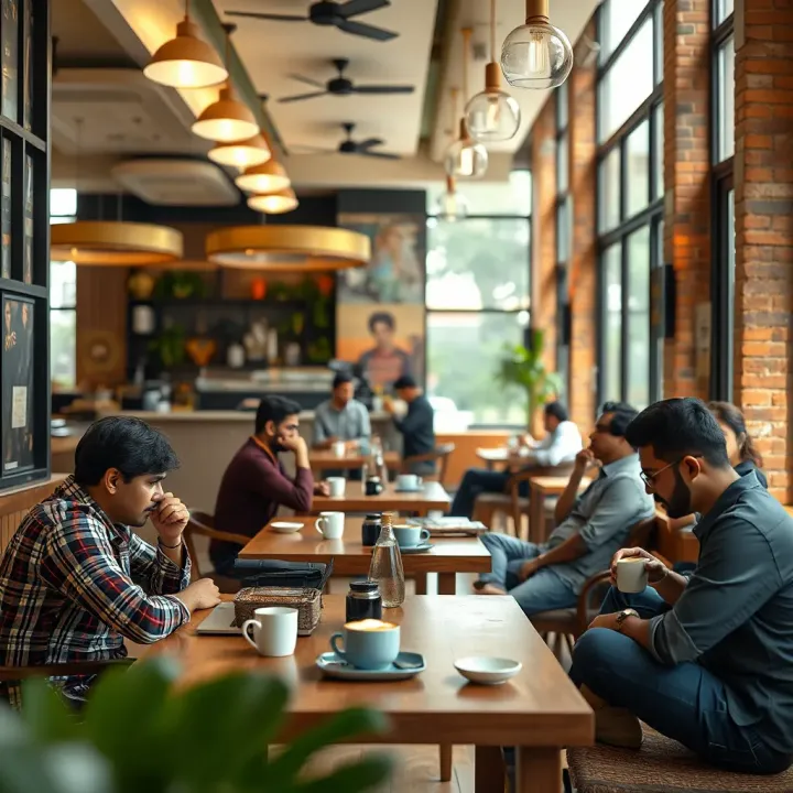 Interior of a modern Indian café with customers enjoying coffee and laptops on tables