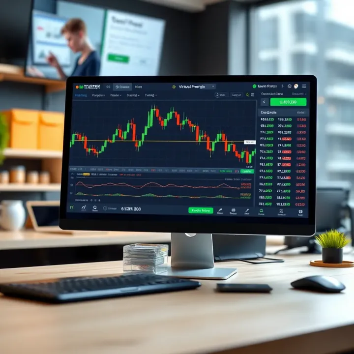 Demo Trading Platform Interface Overview Computer screen displaying a demo trading platform interface with charts and virtual portfolio