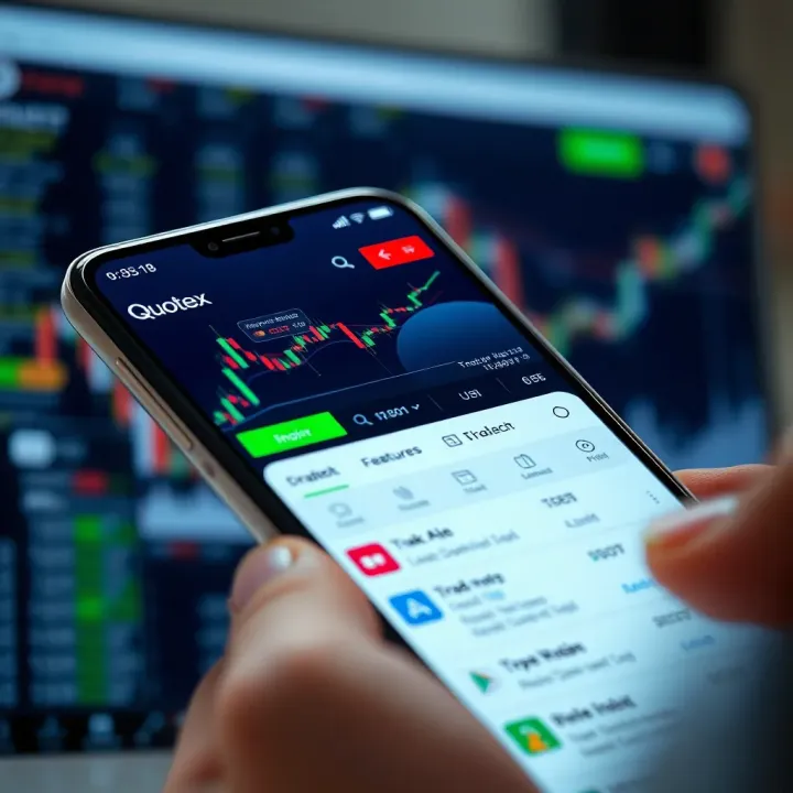 Mobile device displaying Quotex trading app with market charts and trading options