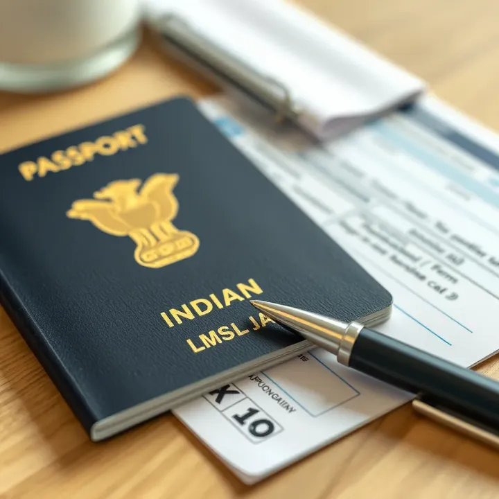 Essential Documents for Indian Passport Application Close-up of Indian passport and application form with pen on a desk