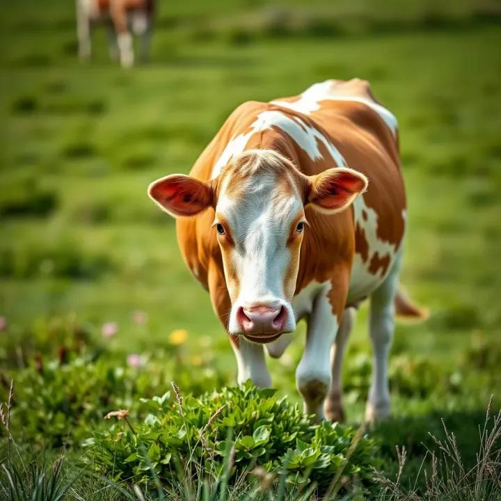 Healthy Dairy Cow Grazing in Pasture Healthy dairy cow grazing in green pasture indicating good livestock health management