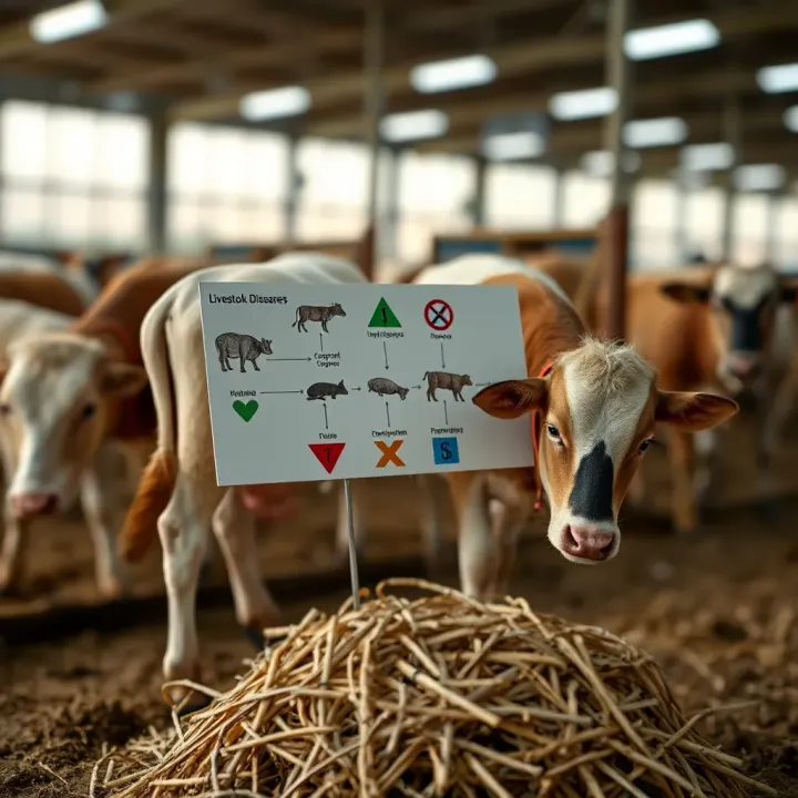 Diagram showing common livestock diseases with their symptoms and prevention methods