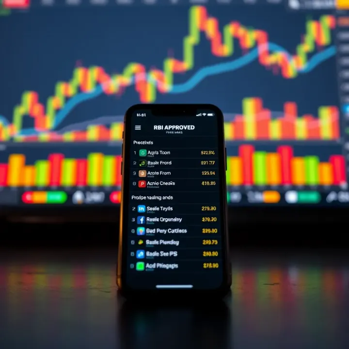 Smartphone displaying a list of RBI approved forex trading apps with financial charts in the background