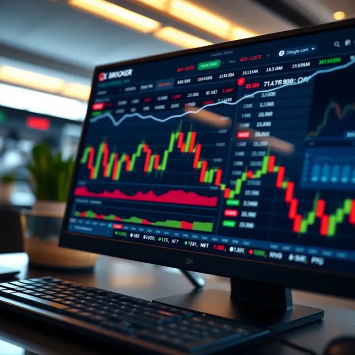 Screen displaying QX Broker.com trading platform with charts and market data