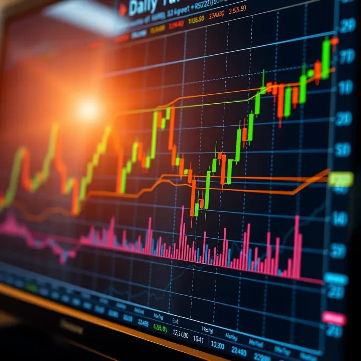Graph showing fluctuating cryptocurrency market trends with data points and candlestick patterns