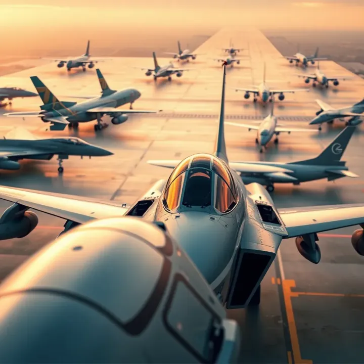 Various military aircraft representing major defense aviation companies worldwide