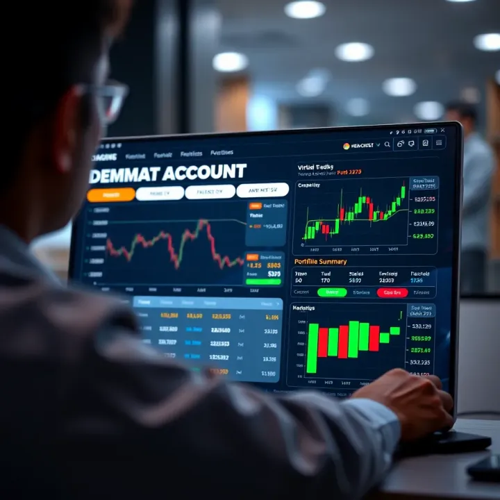 Illustration of a digital trading platform interface showing a demo demat account dashboard with virtual stock prices and portfolio summary