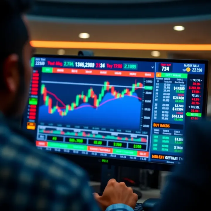 Screen showing simulated stock market trading platform interface with charts and buy sell options