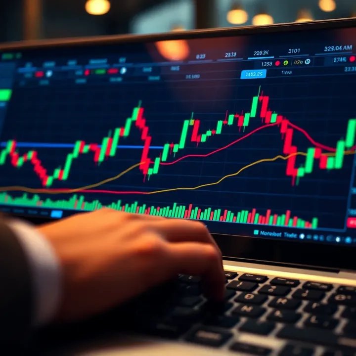 Conceptual graphic of risk-free trading practice with simulated stock charts and market data