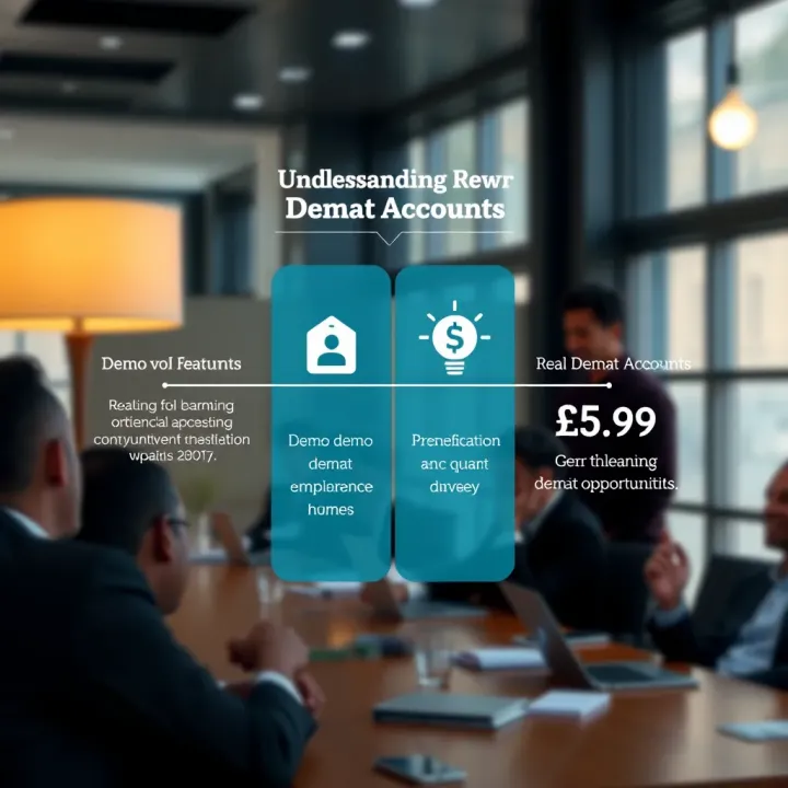 Comparison Between Demo and Real Demat Accounts for Investor Learning Conceptual graphic comparing features of demo demat accounts versus real demat accounts highlighting benefits and learning opportunities