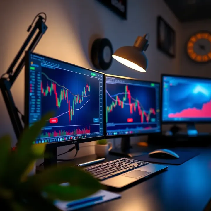 Advanced Trading Software and Ergonomic Lighting for Enhanced Focus Close-up of advanced trading software interface displayed on a widescreen monitor with sleek keyboard and adjustable desk lamp