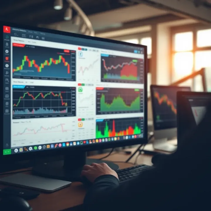 Screenshot of QXBroker trading platform showing various financial charts and tools