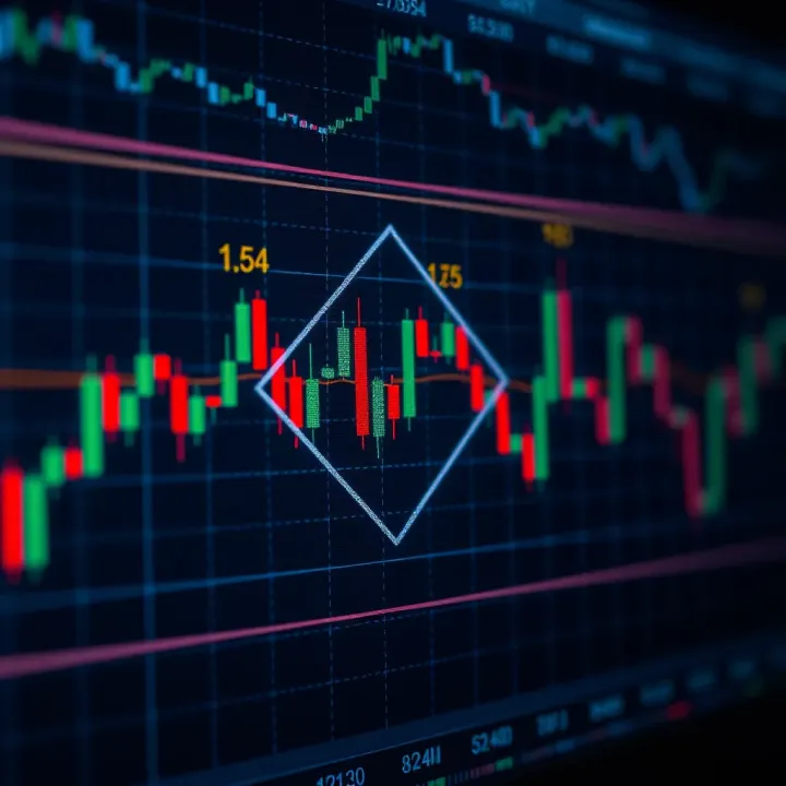 Diamond Pattern Formation on Trading Chart Graphical representation of a diamond pattern formation on a candlestick trading chart illustrating potential market reversal